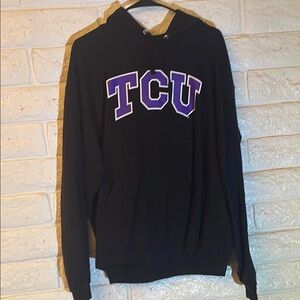 Black Champion TCU Hoodie with Purple Lettering